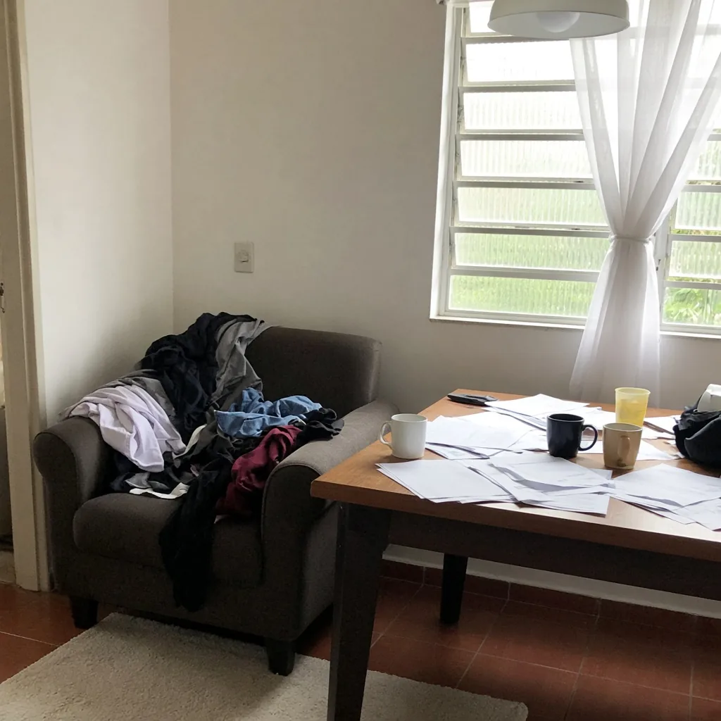 Poltrona com roupas amontoadas e mesa cheia de papéis e canecas. Imagem ilustrativa