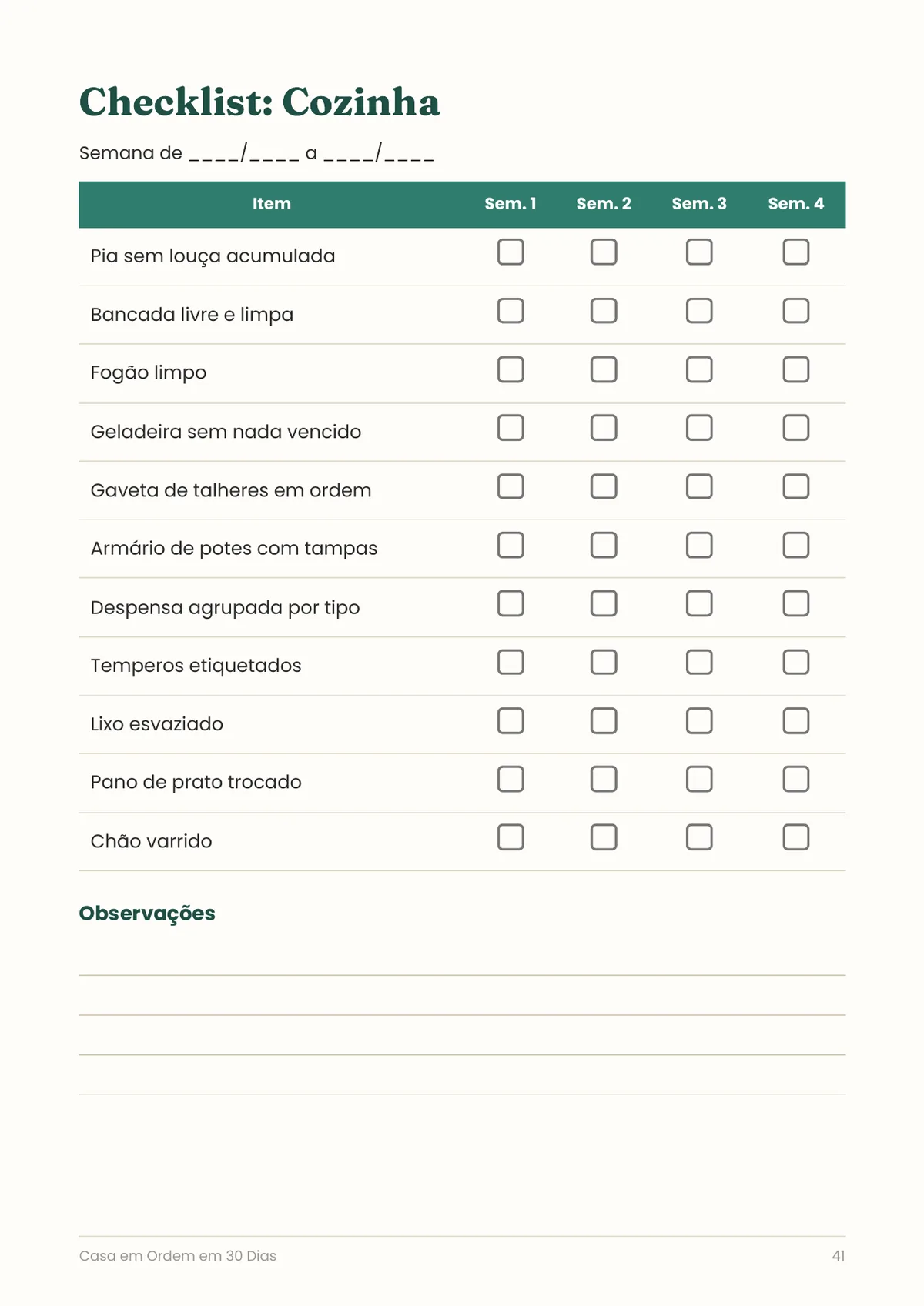 Página real do PDF Casa em Ordem: checklist da cozinha